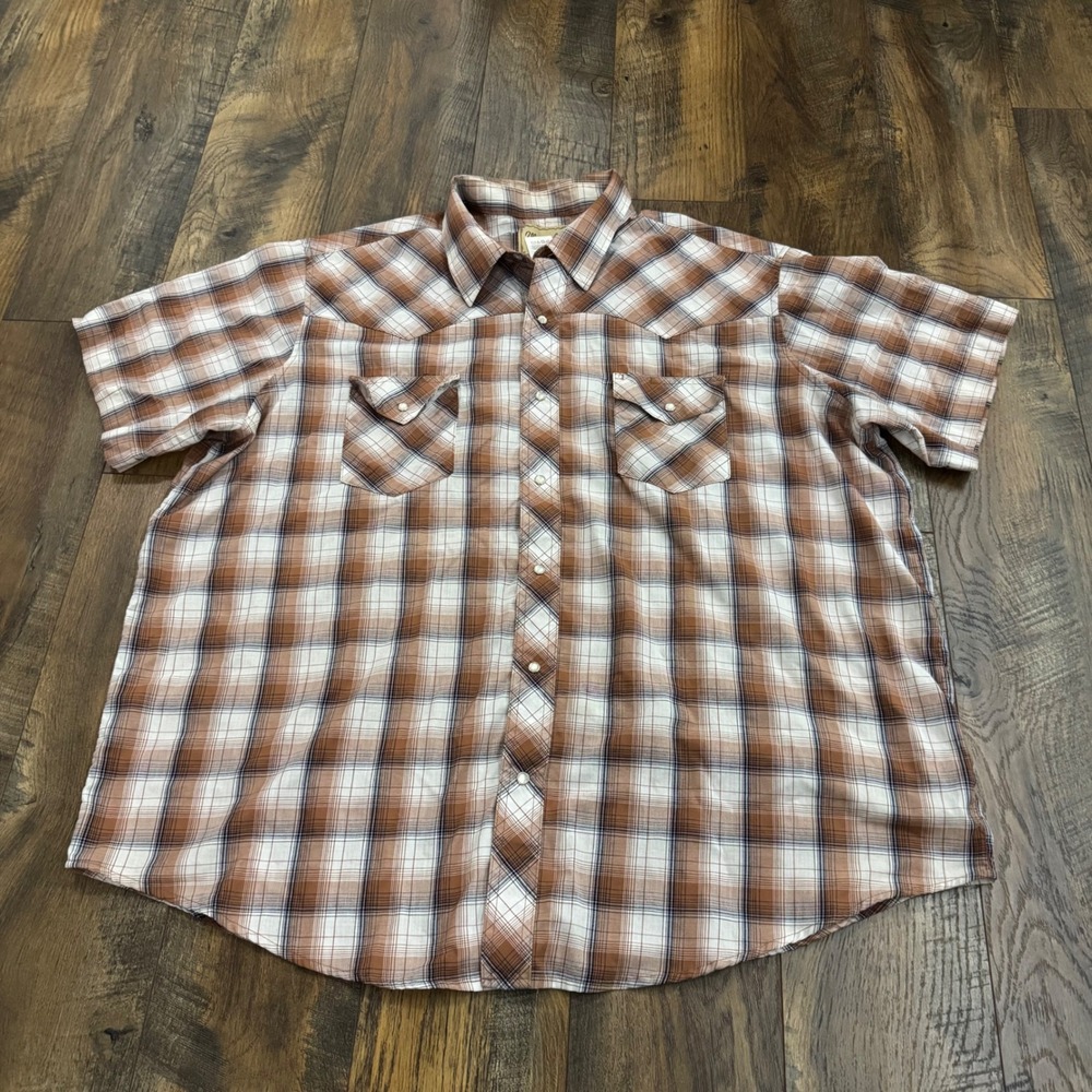 Wrangler Western Shirt Mens 2XL Big Brown Plaid Short Sleeve Pearl Snap Cowboy